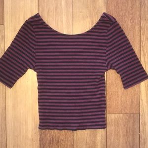 Burgundy and Black stripped 1/3 sleeve crop top.